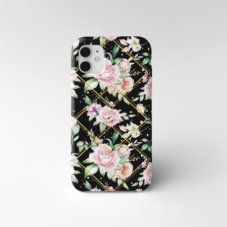 Etui iPhone 14 Plus Kwiaty + trójkąty czarne tło