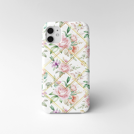 Etui iPhone 14 Plus Kwiaty + trójkąty białe tło