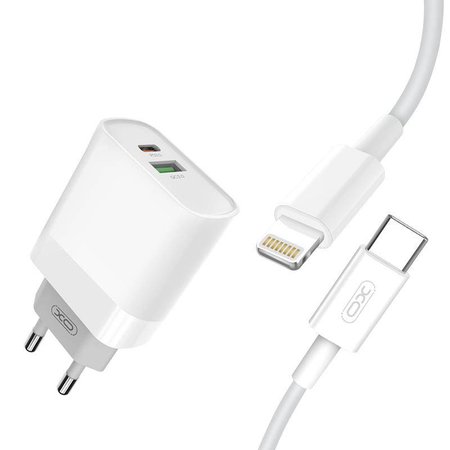 XO Ładowarka sieciowa L64 plus kabel typ-C - 8-pin biała 2USB QC3.0/ PD USB-C