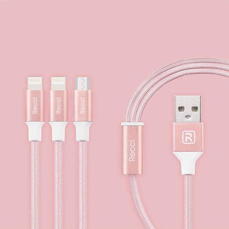  Recci Kabel Delicate RCS-H120 3 w 1 USB na - Micro USB, 2xLightning - Fast Charging 1,2 metra Różowy